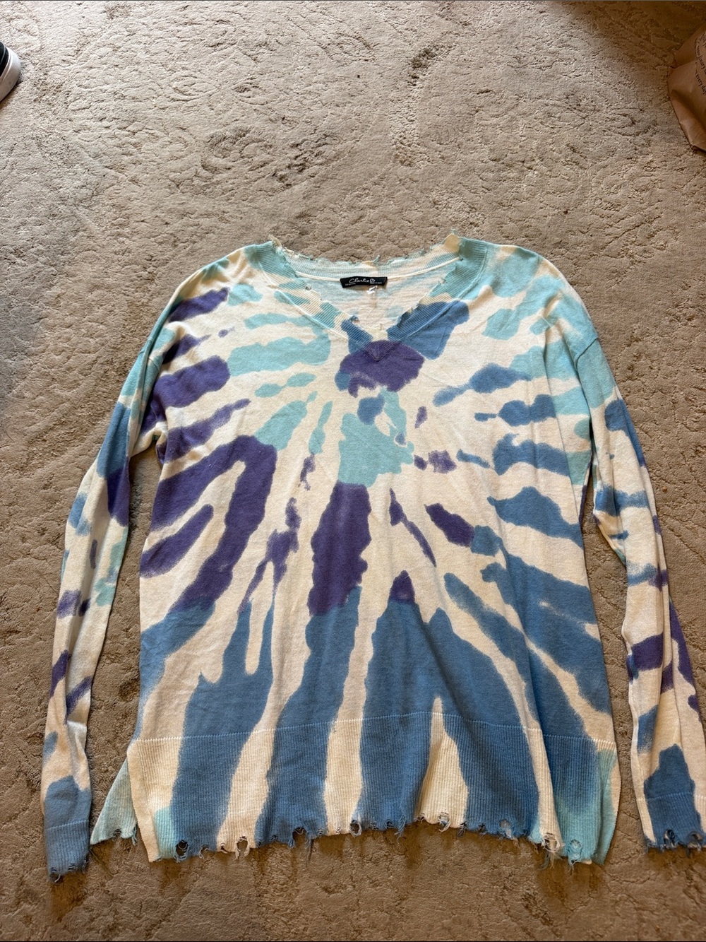 CHARLIE B Light Blue, Purple & White Tie-Dye V-Neck Sweater
